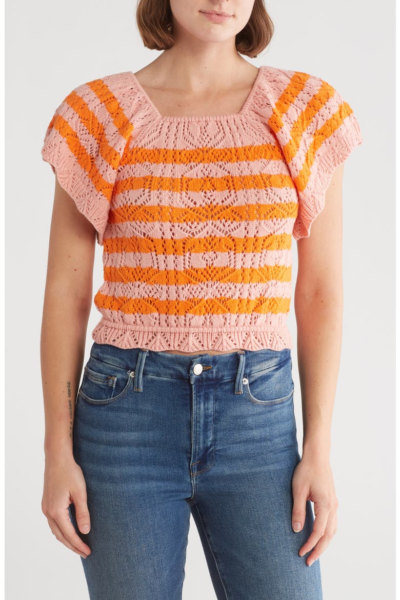 Lala Stripe Open Stitch Off the Shoulder Sweater, Main, color, CORAL CLOUD