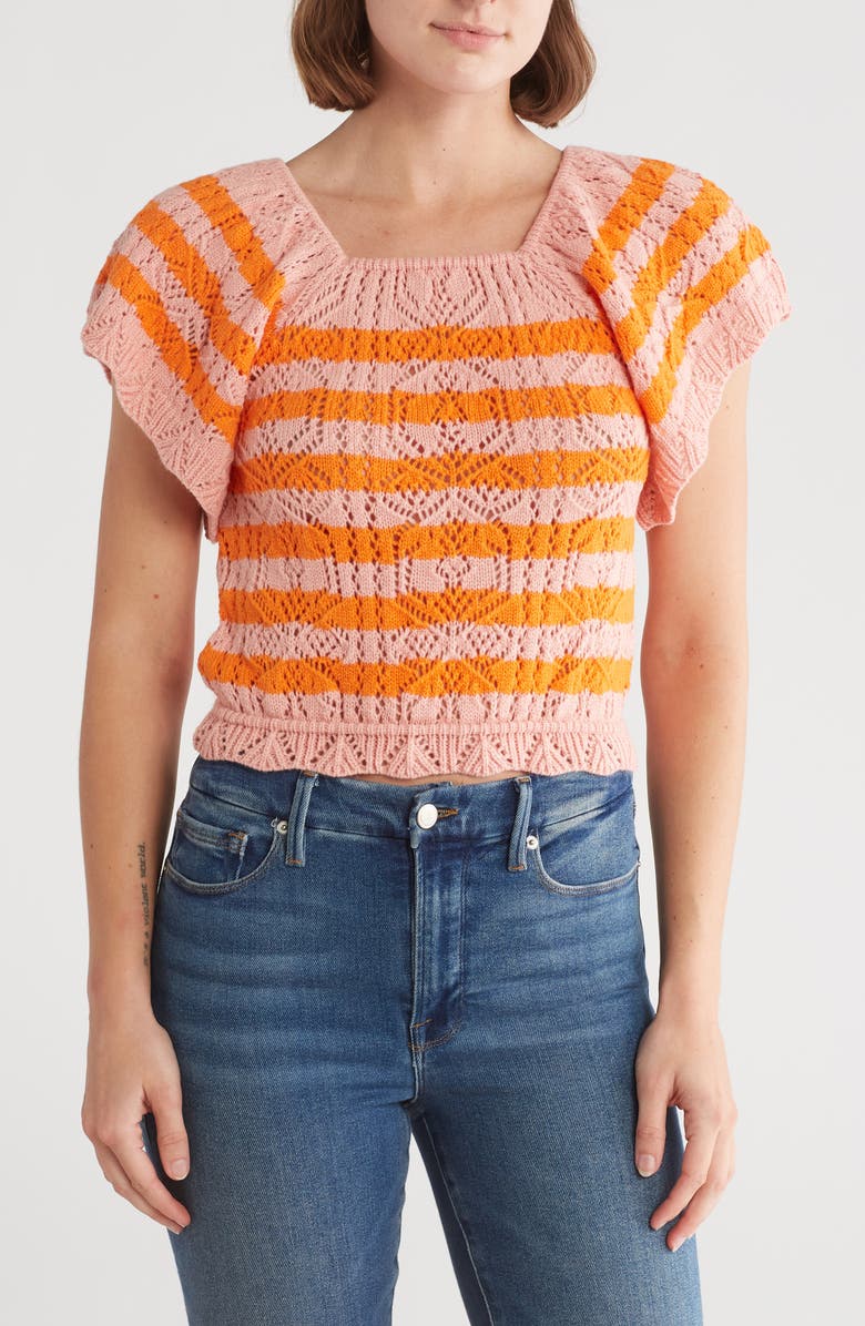 BY DESIGN Lala Stripe Open Stitch Off the Shoulder Sweater, Main, color, Coral Cloud