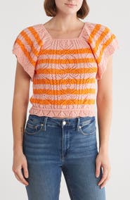 BY DESIGN Lala Stripe Open Stitch Off the Shoulder Sweater