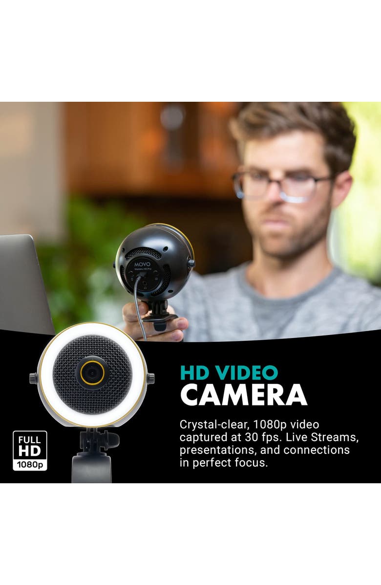 MOVO WebMic HD Pro - All-in-One Streaming Webcam, Microphone and LED Ring Light, Alternate, color, Black