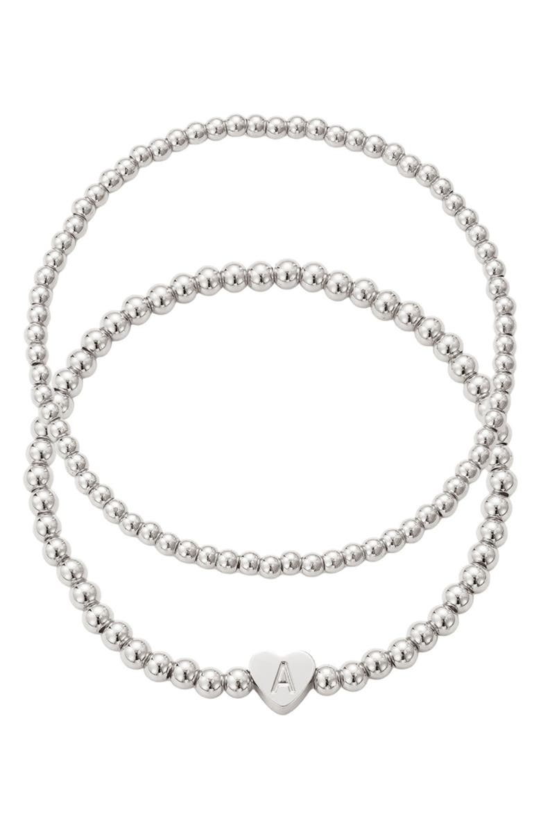 Adornia Beaded Initial Charm Bracelet Set, Main, color, Silver-A