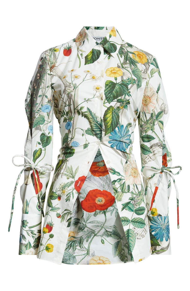 MONSE Floral Skeleton Print Cutout Cotton Button-Up Shirt, Alternate, color, 