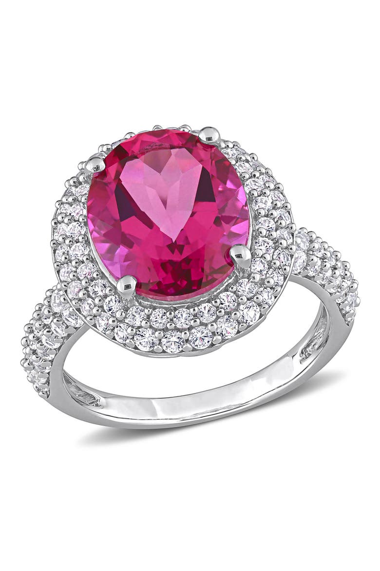 Sterling Silver Created White Sapphire Halo Oval Pink Topaz Ring, Main, color, PINK