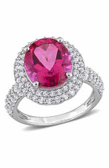 DELMAR Sterling Silver Created White Sapphire Halo Oval Pink Topaz Ring