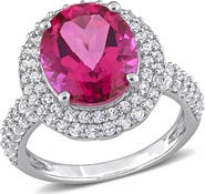 DELMAR Sterling Silver Created White Sapphire Halo Oval Pink Topaz Ring