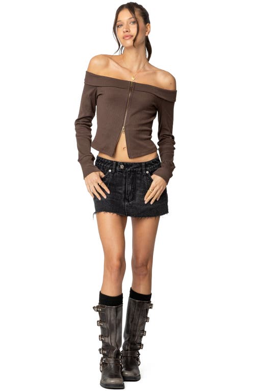 Edikted Clementine Low Rise Raw Hem Denim Miniskirt In Black-washed