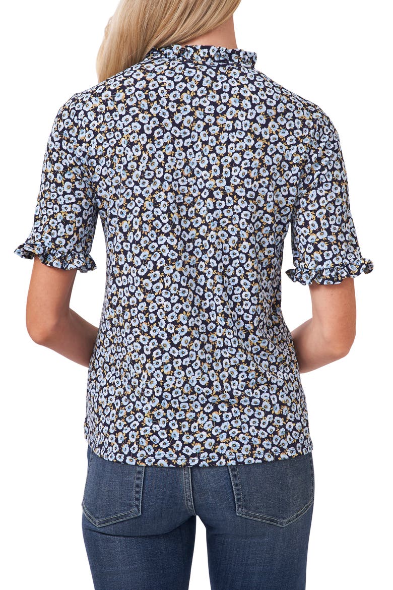 Floral Frill Sleeve Stretch Crepe Top, Alternate, color, BLUE/RICH BLACK
