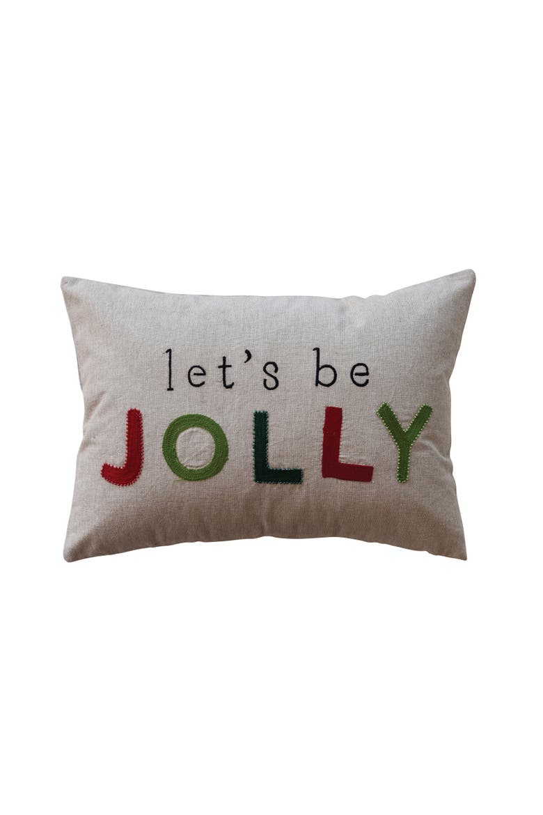 Cotton Chambray Lumbar Pillow with Embroidery & Beads, Red & Green, Main, color, Red & Green