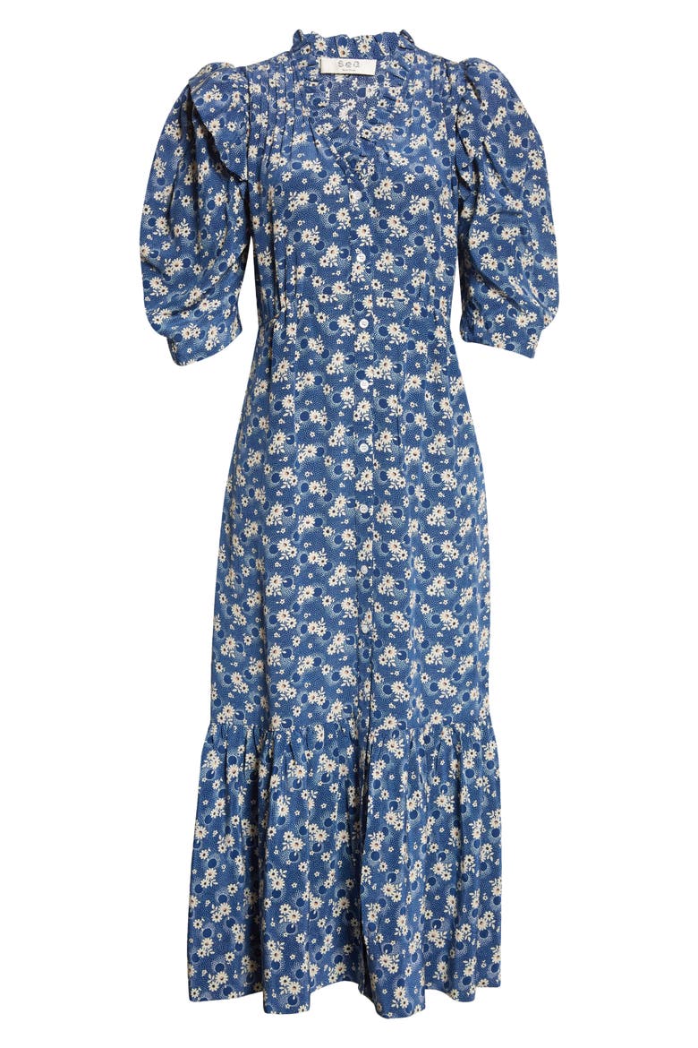 Josefine Floral Print Ruffle Hem Silk Dress, Alternate, color, BLUEBERRY