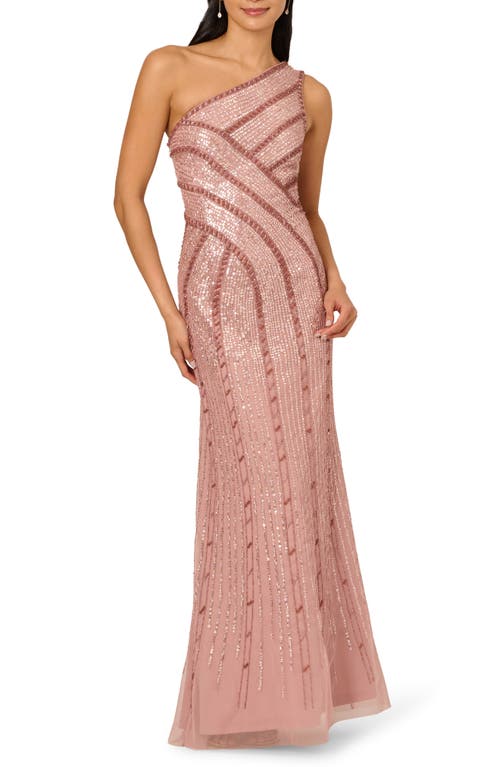 Adrianna Papell Beaded One-shoulder Mesh Gown In Pink