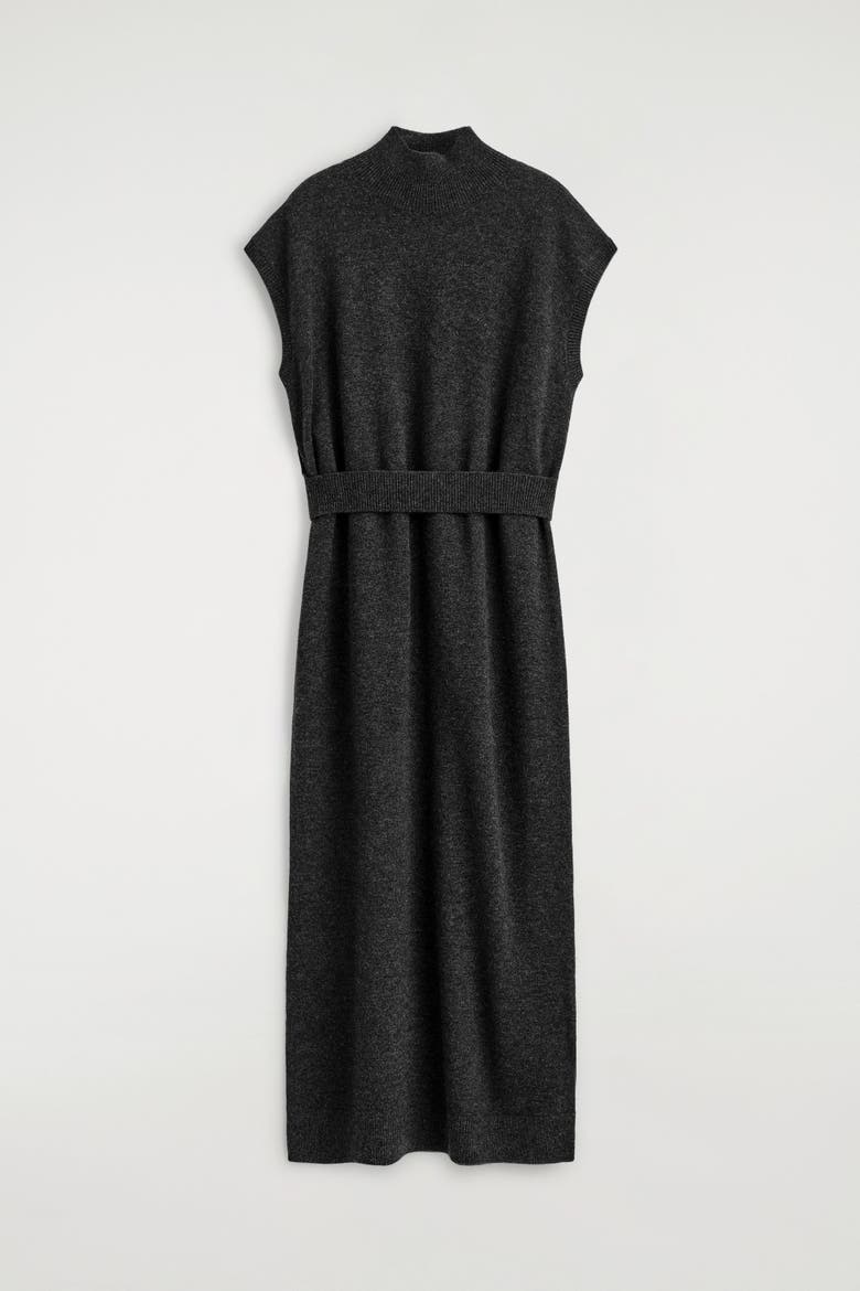 Belt-detail Merino Wool Mock-neck Dress, Alternate, color, DARK-GRAY MÉLANGE
