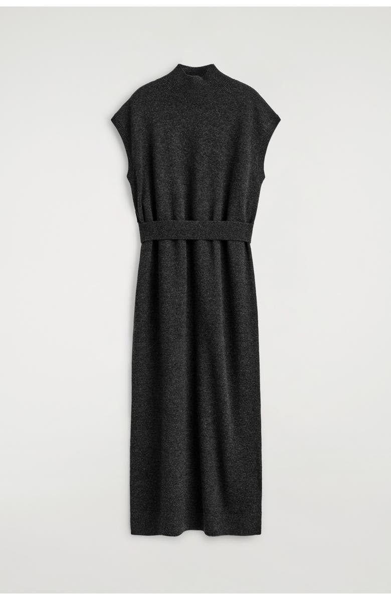 COS Belt-detail Merino Wool Funnel-neck Dress, Alternate, color, Dark-Gray Mélange