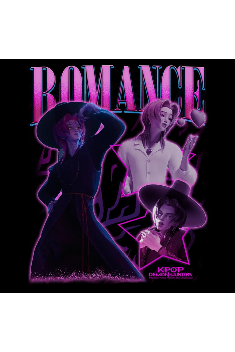 Juniors KPop Demon Hunters Romance Saja Collage T Shirt, Alternate, color, Black