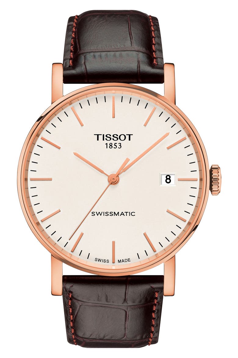 Everytime Swissmatic Leather Strap Watch, 40mm, Main, color, BROWN/ WHITE/ ROSE GOLD