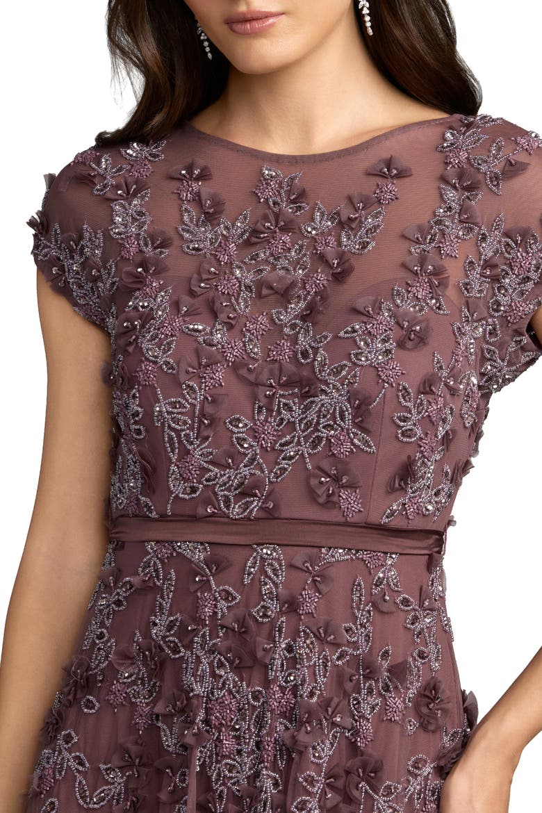 Floral Embellished Mesh Short Sleeve Gown, Alternate, color, Heather