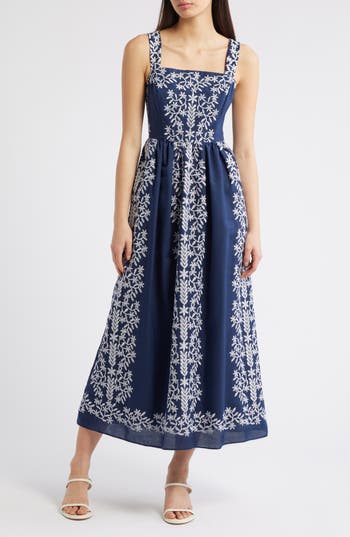 Julia Jordan Embroidered Square Neck Dress in Navy Ivory at Nordstrom Rack, Size 2