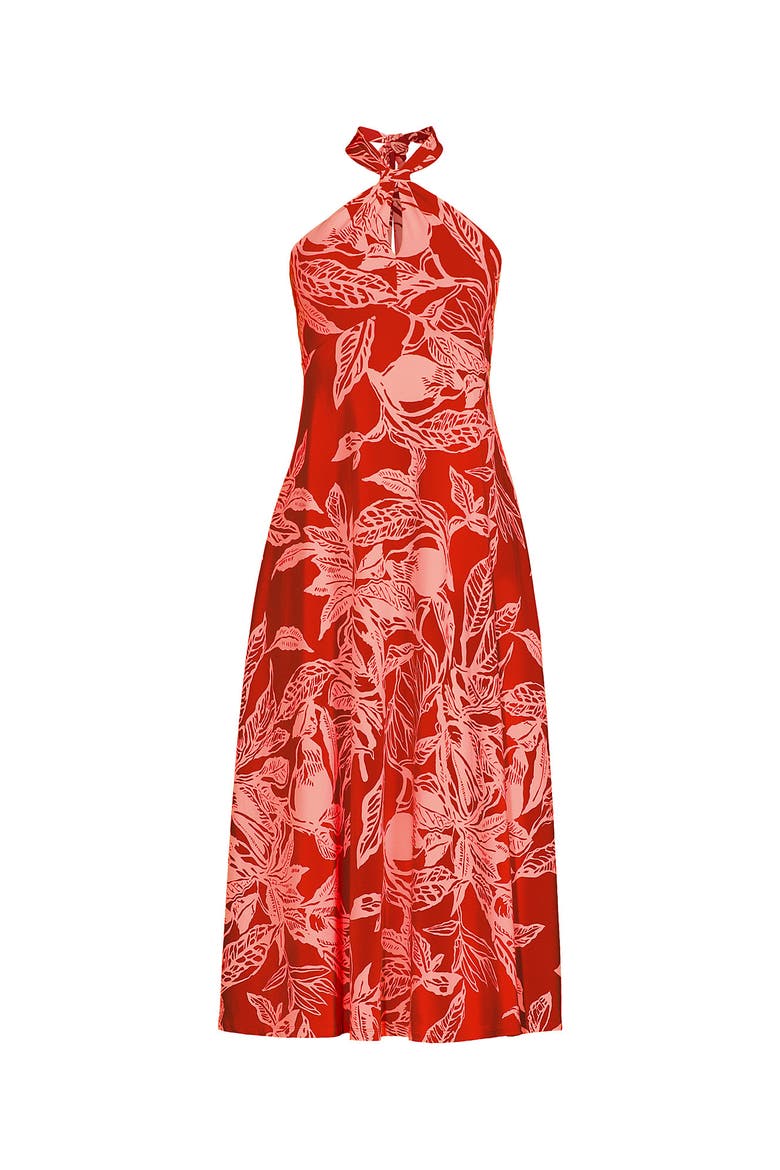 Cotton Modal Halter Midi Dress, Alternate, color, Mandarin Orange Etched Leaves