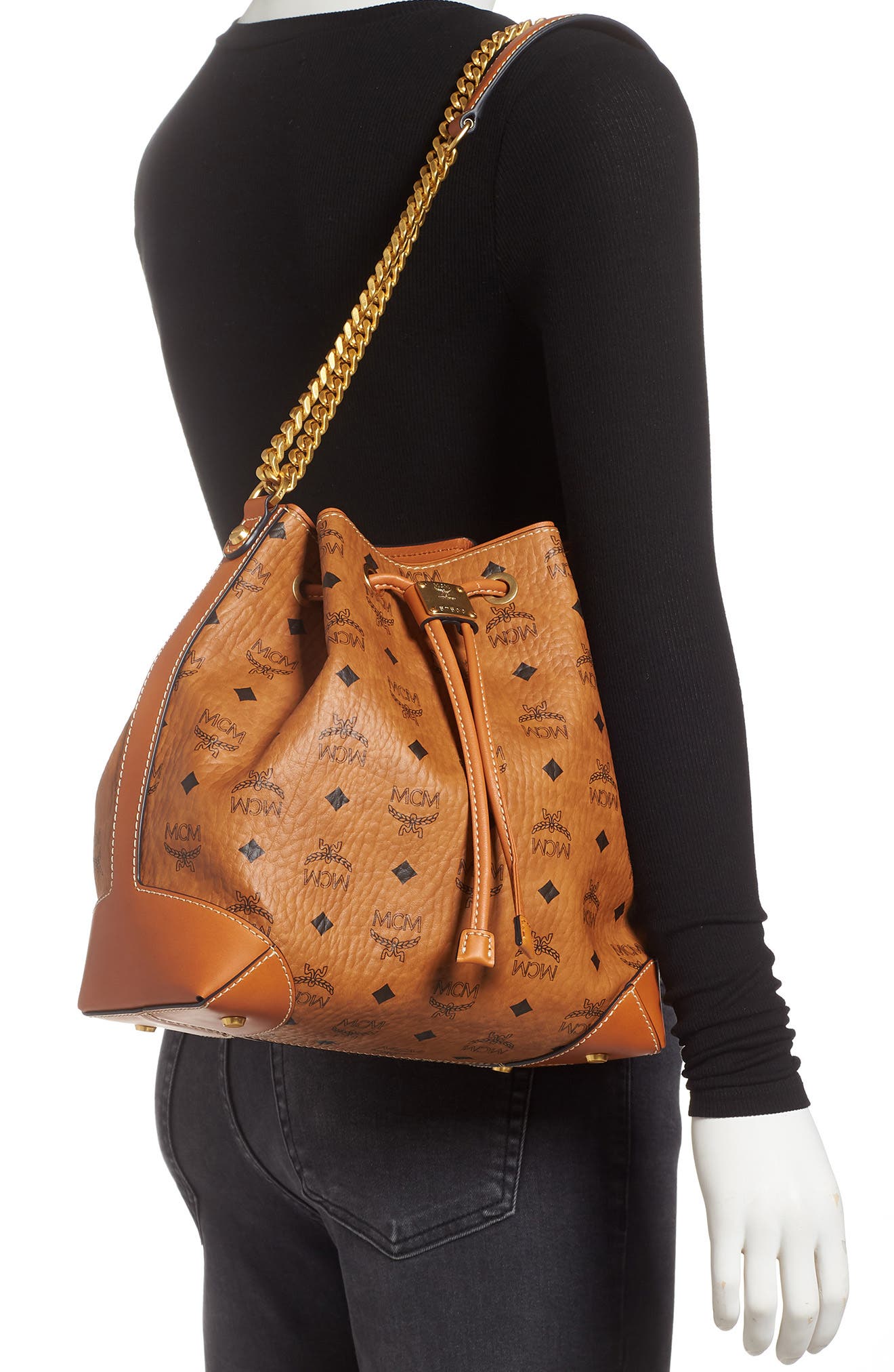 MCM Berlin Visetos Coated Canvas Drawstring Handbag, Alternate, color, 