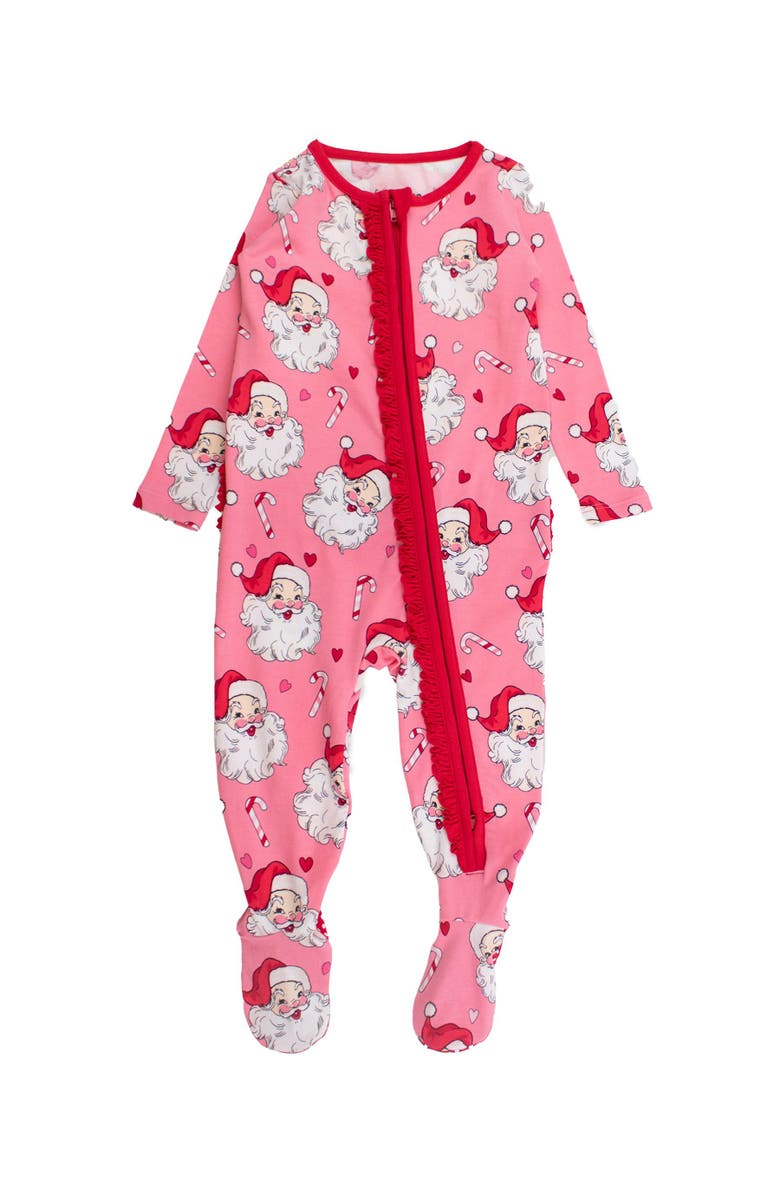 RuffleButts Baby Girls Modal Blend Ruffle One Piece Footie Pajamas, Main, color, Pink Santa Joy