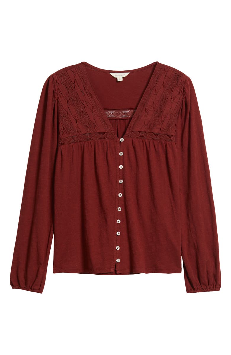 Lucky Brand Lace Yoke Peasant Top, Alternate, color, Rum Raisin