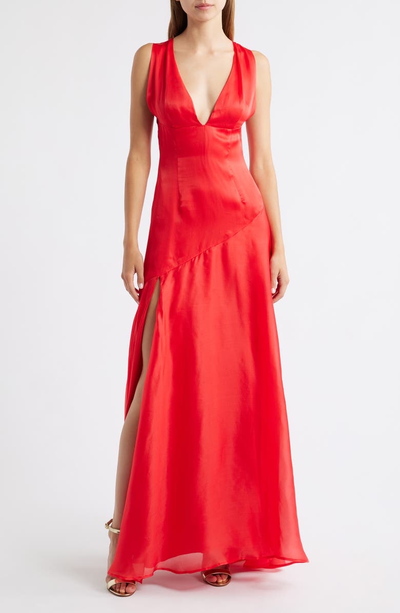 Sonya Moda Alma Plunge Bias Cut Silk Organza Gown, Main, color, Lola Red