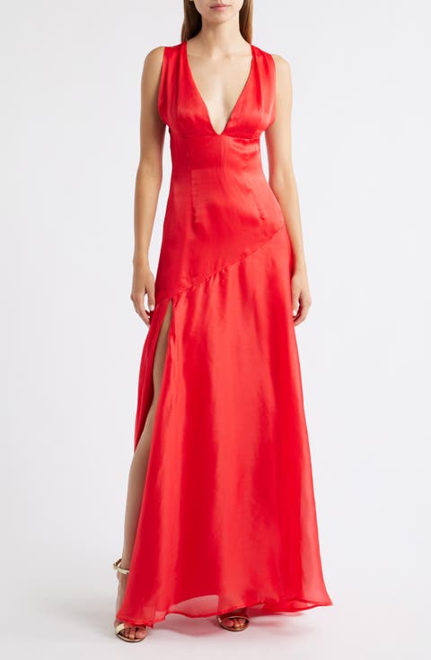 Alma Plunge Bias Cut Silk Organza Gown
