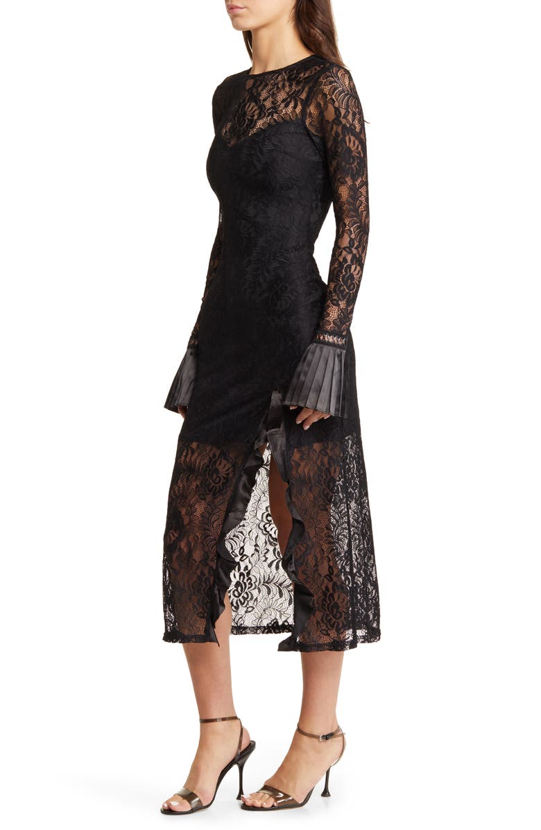 bebe Lace High Slit Bell Long Sleeve Midi Dress, Alternate, color,
