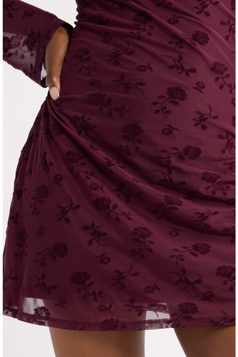 Flocked Mesh Minidress, Alternate, color, BURGUNDY STEM