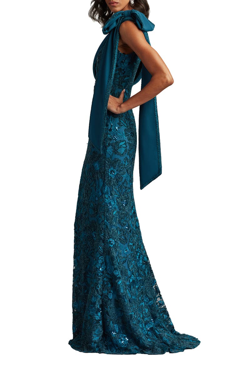 Beaded Floral One-Shoulder Gown, Alternate, color, CERULEAN
