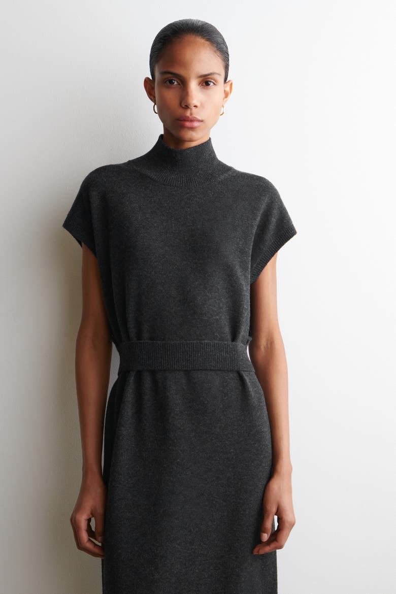 Belt-detail Merino Wool Mock-neck Dress, Alternate, color, DARK-GRAY MÉLANGE