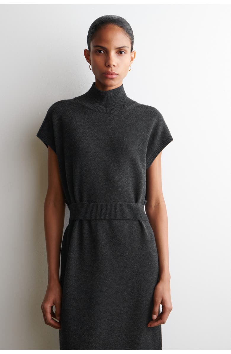 COS Belt-detail Merino Wool Funnel-neck Dress, Alternate, color, Dark-Gray Mélange