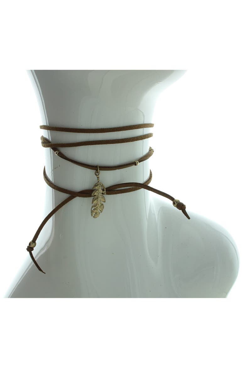14K Gold Plated Feather Charm Suede Choker Necklace, Main, color, BROWN
