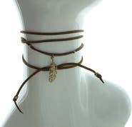 OLIVIA WELLES 14K Gold Plated Feather Charm Suede Choker Necklace