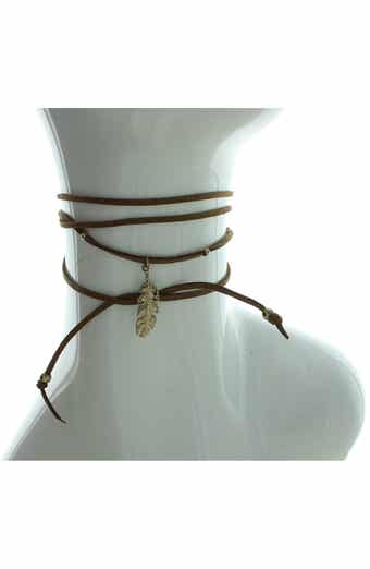 OLIVIA WELLES 14K Gold Plated Feather Charm Suede Choker Necklace