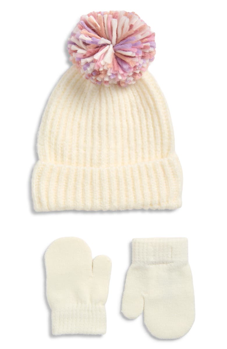 Capelli New York Kids' Fuzzy Knit Pompom Beanie & Gloves Set, Main, color, Ivory Combo