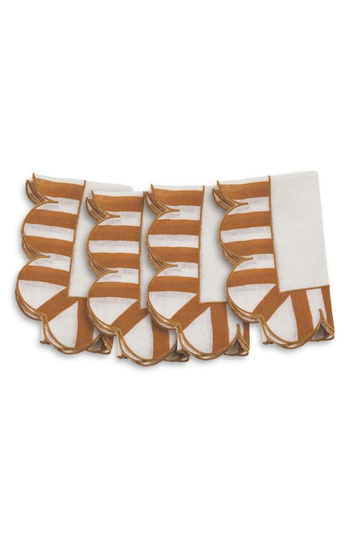 Misette Jardin 4-piece Embroidered Linen Scalloped Stripe Napkin Set In Natural Base Amber