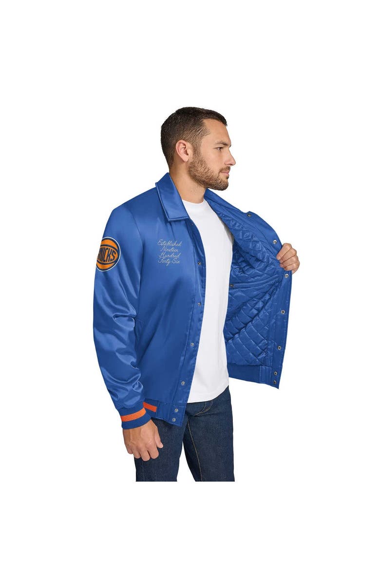 TOMMY JEANS Men's Tommy Jeans Blue New York Knicks Jacob Chain Stitch Applique Full-Snap Varsity Jacket, Alternate, color, 