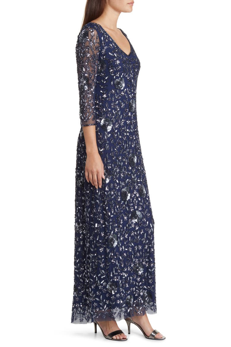 Beaded V-Neck Sheer Sleeve Cocktail Dress, Alternate, color, NAVY/ GUNMETAL 421