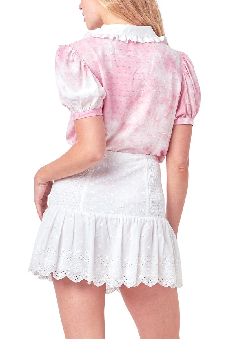 Tie Dye Swiss Dot Ruffle Collar Shirt, Alternate, color, PINK/ WHITE