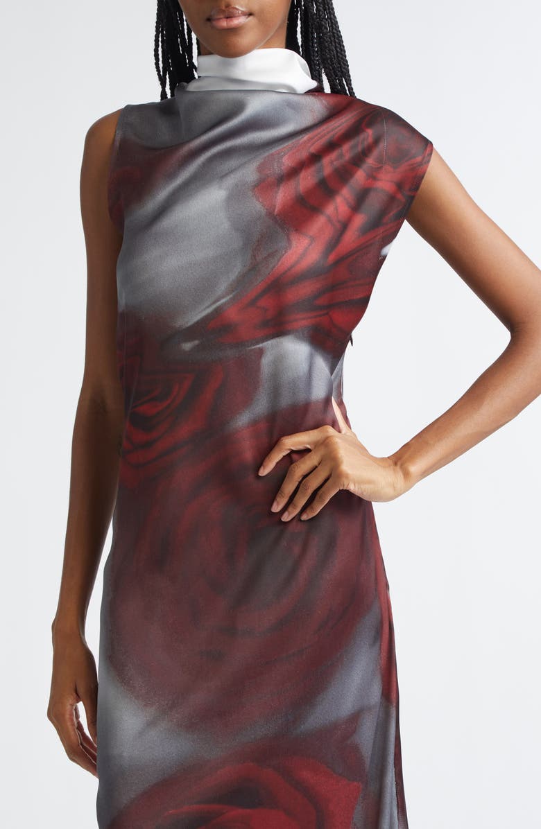 Jean Paul Gaultier Blurry Roses Draped Satin Dress, Alternate, color, White/ Grey/ Red
