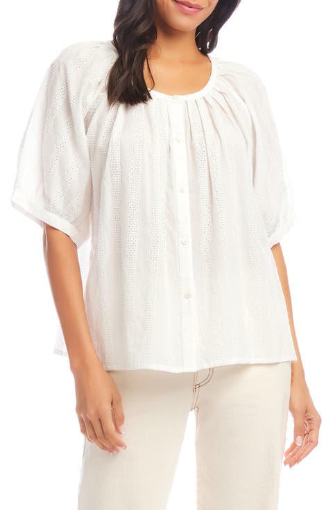 Embroidered Cotton Button-Up Peasant Top (Regular & Petite)