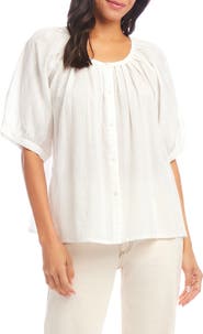 Karen Kane Embroidered Cotton Button-Up Peasant Top