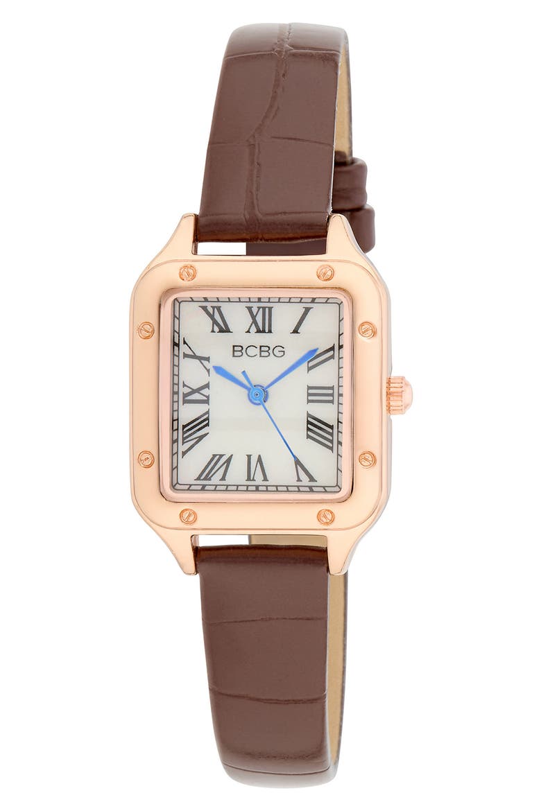 Square Face Faux Leather Strap Watch, 25mm, Main, color, BROWN
