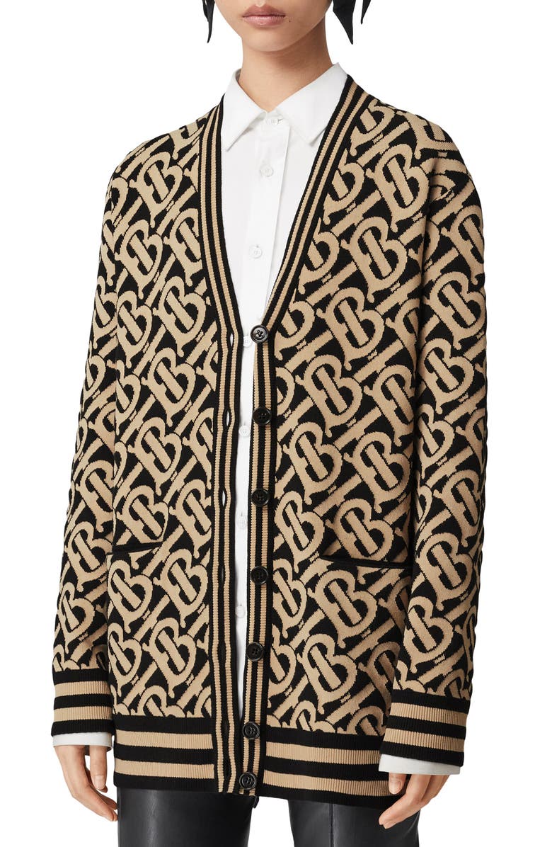 Burberry Maddox TB Logo Jacquard Wool Blend Cardigan, Main, color, 