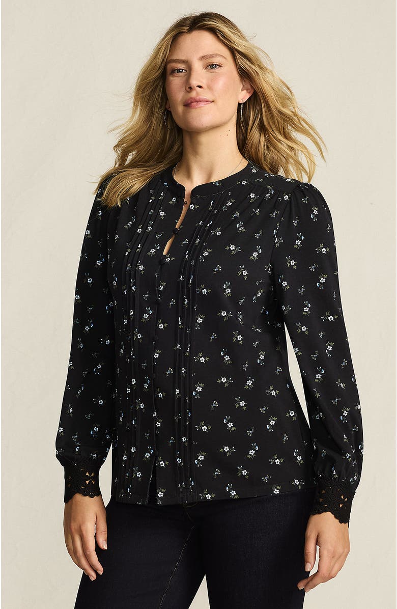 Lands
 End Lightweight Jersey Long Sleeve Button Front Pintuck Top, Main, color, 