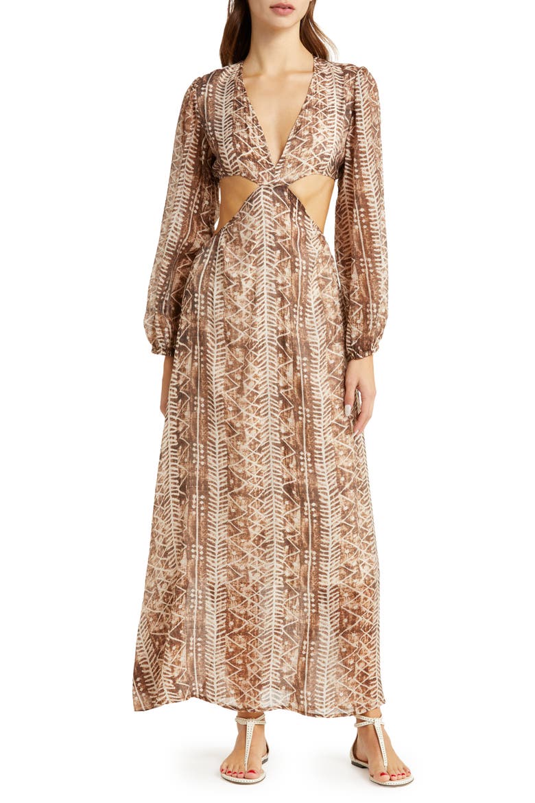 Cutout Long Sleeve Cover-Up Dress, Main, color, BROWN TULUM
