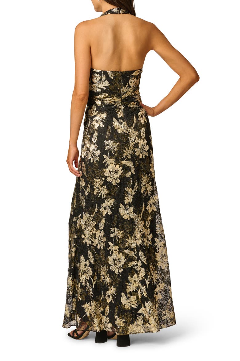 Metallic Lace Shirred Halter Gown, Alternate, color, BLACK/ GOLD