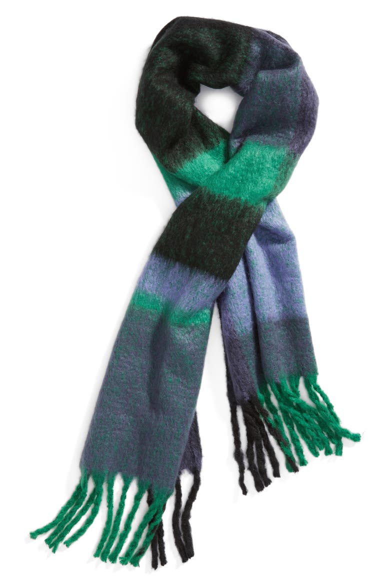 Cameron Plaid Fringe Scarf, Alternate, color, NAVY