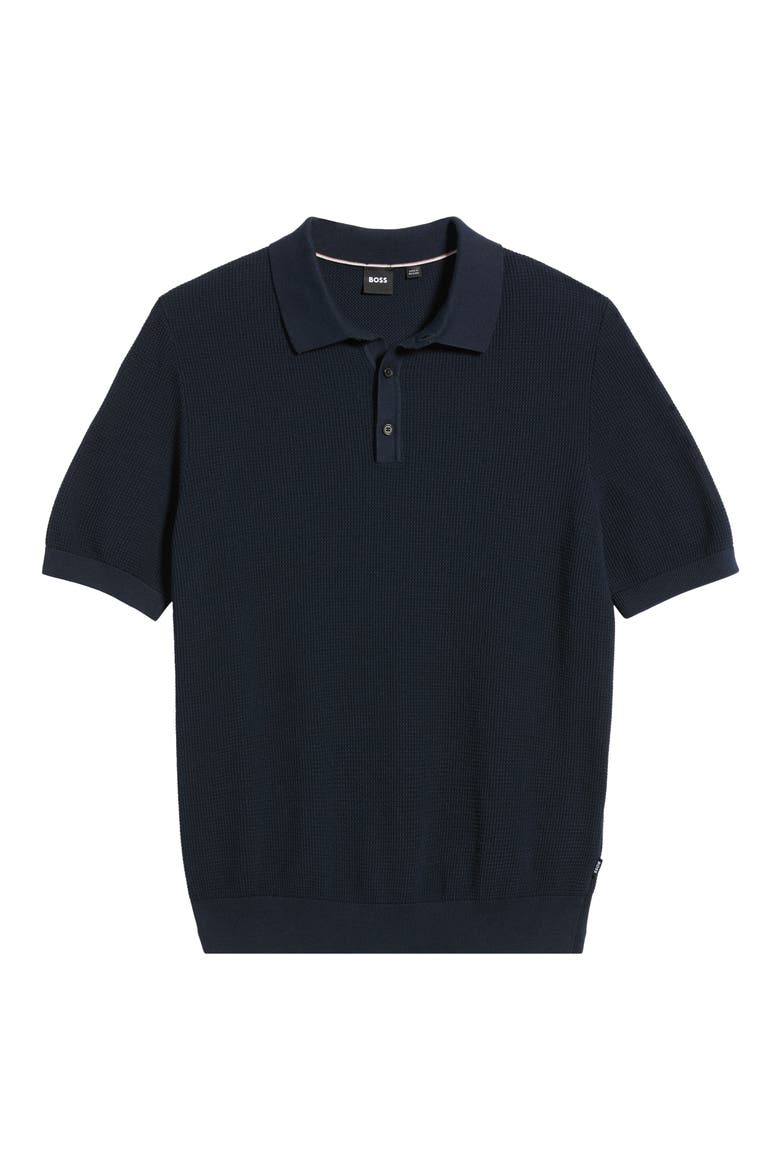 Lancio Solid Cotton Waffle Polo Sweater, Alternate, color, DARK BLUE