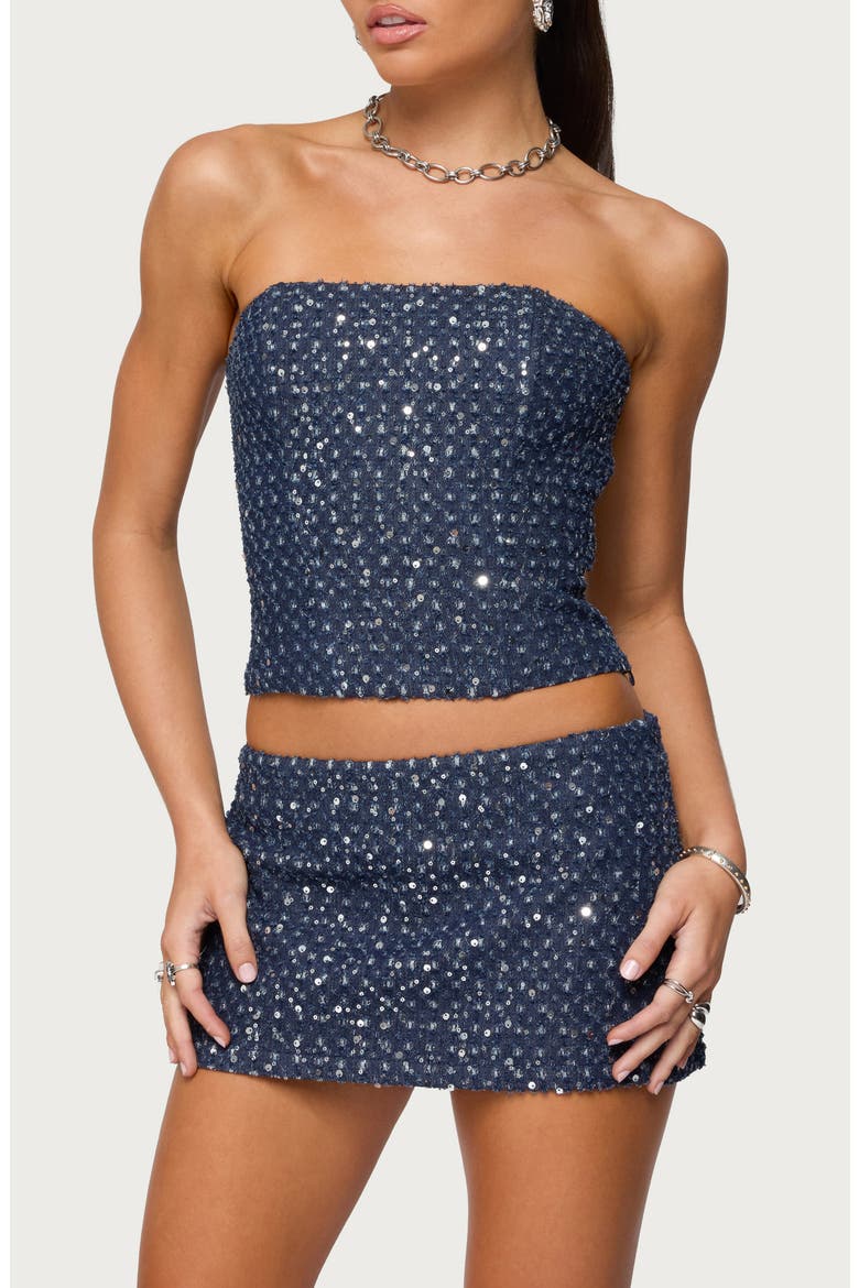 Sora Strapless Denim Crop Top, Main, color, DARK-BLUE